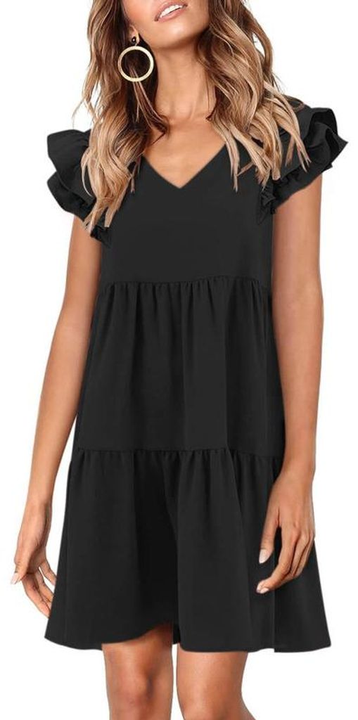 Damenkleid, Babydoll-Kleid, kurzärmelig mit Rüschen, V-Ausschnitt