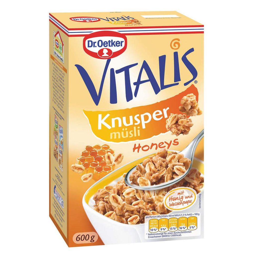Dr. Oetker Vitalis Knusper müsli Honeys mit Honig und Produktbild 