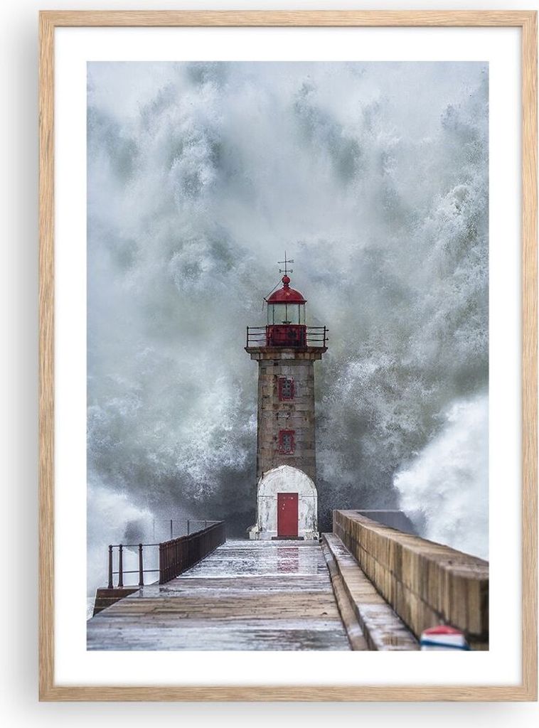 Gerahmtes Poster - Rahmen in heller Eiche - Laterne Meer Sturm - 50x70 cm - Wand Bild - Wanddeko - Wandbilder - Kunstposter - Wandposter - Bilderra...