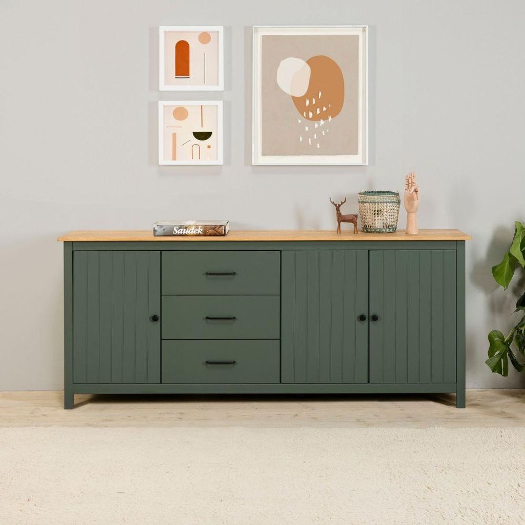 Credenza Miranda in legno massiccio colore verde e pino Immagine del prodotto 