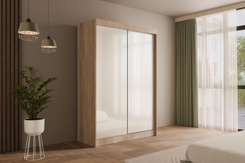 ALTDECOR Kleiderschrank mit Lacobel-Schiebetüren, kugelgelagerte Führungsschienen und Aluminium-Leisten - PEKA - 150 cm Sonoma / Weiß