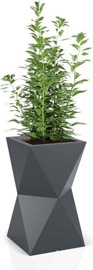 A tall, dark gray geometric planter with a green plant growing out of it, set against a white background.