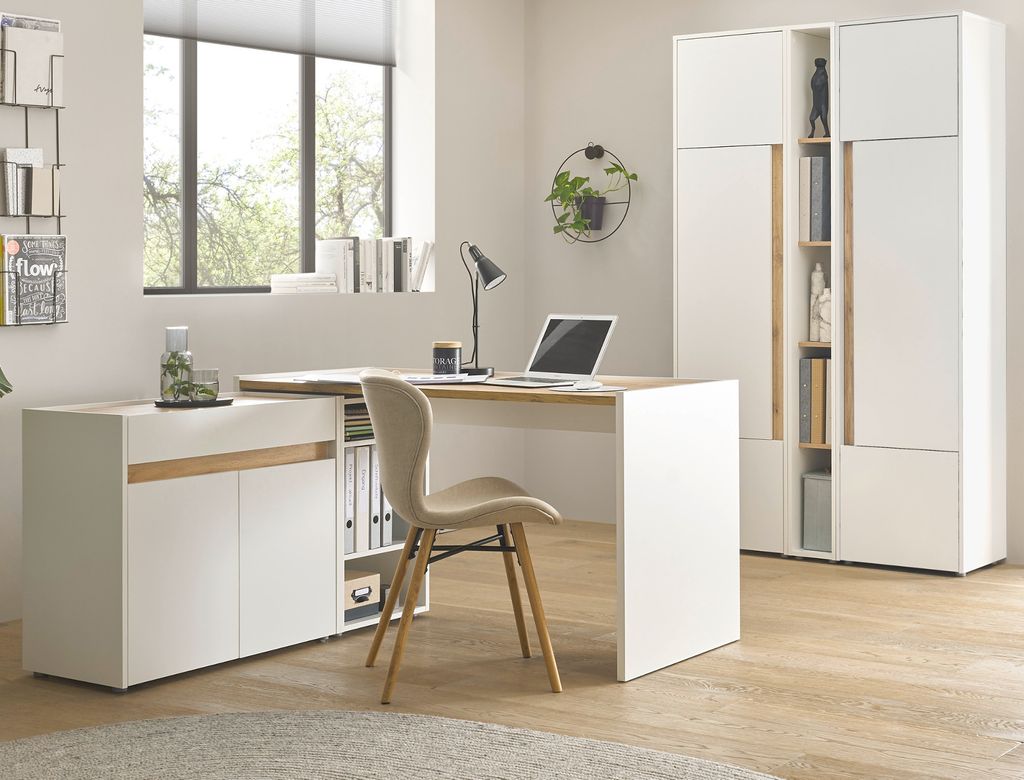 Büromöbel Set Center in weiß und Wotan Eiche Schreibtisch, Kommode, Aktenschrank