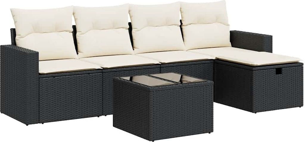 vidaXL 6-tlg. Garten-Sofagarnitur mit Kissen Schwarz Poly Rattan