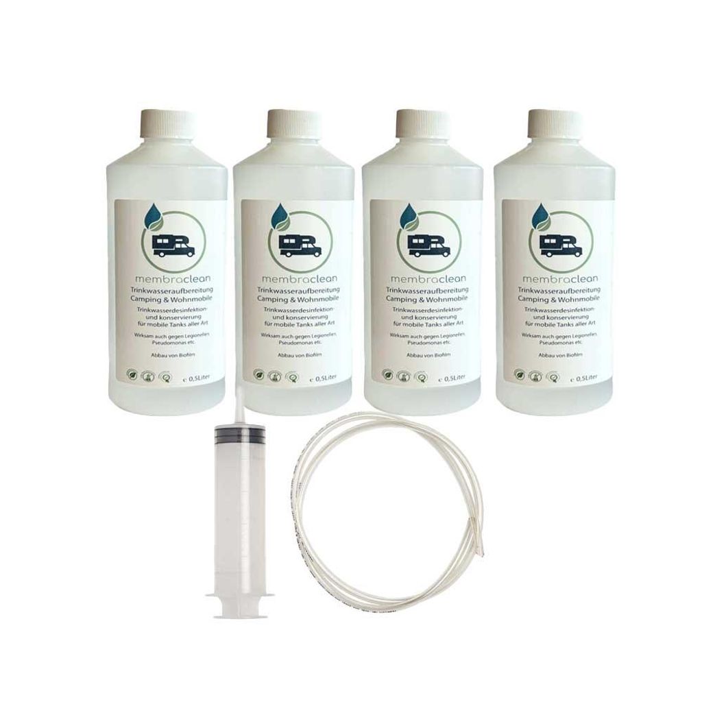 4 x 0,5 Liter membraclean Wasseraufbereitung Camping mit Dosierhilfe