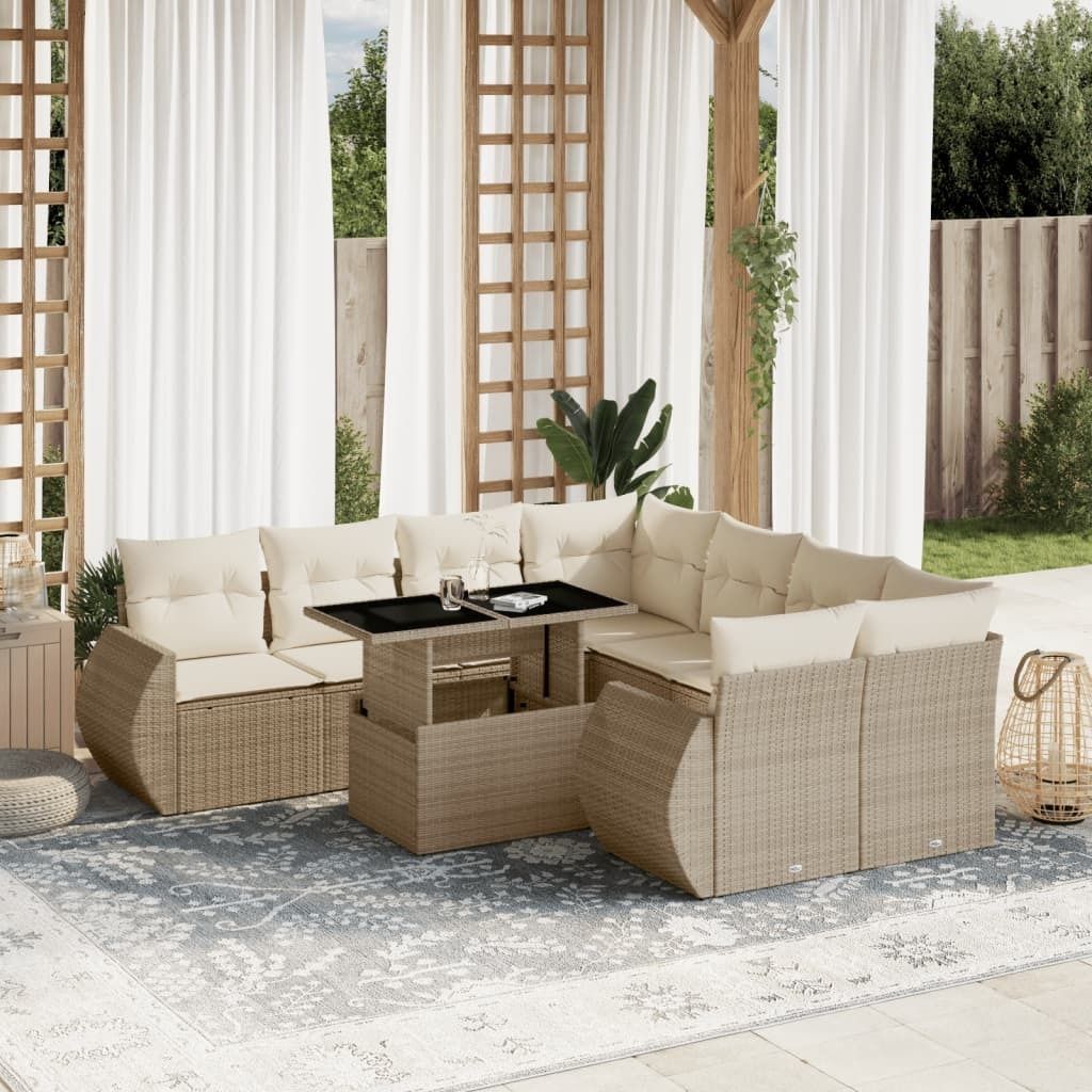Möbel 9-tlg. Garten-Sofagarnitur mit Kissen Beige Poly Rattan - Sitzgruppe 3268428