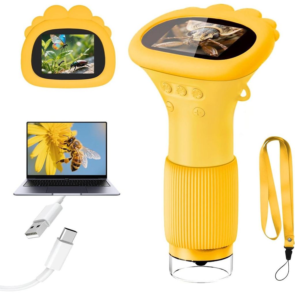 Digitales Kinder-Mikroskop 50–1000× – 2" IPS-Bildschirm, 8 LED, USB-C, tragbar, Fotos & Videos, Lernspielzeug für Kinder