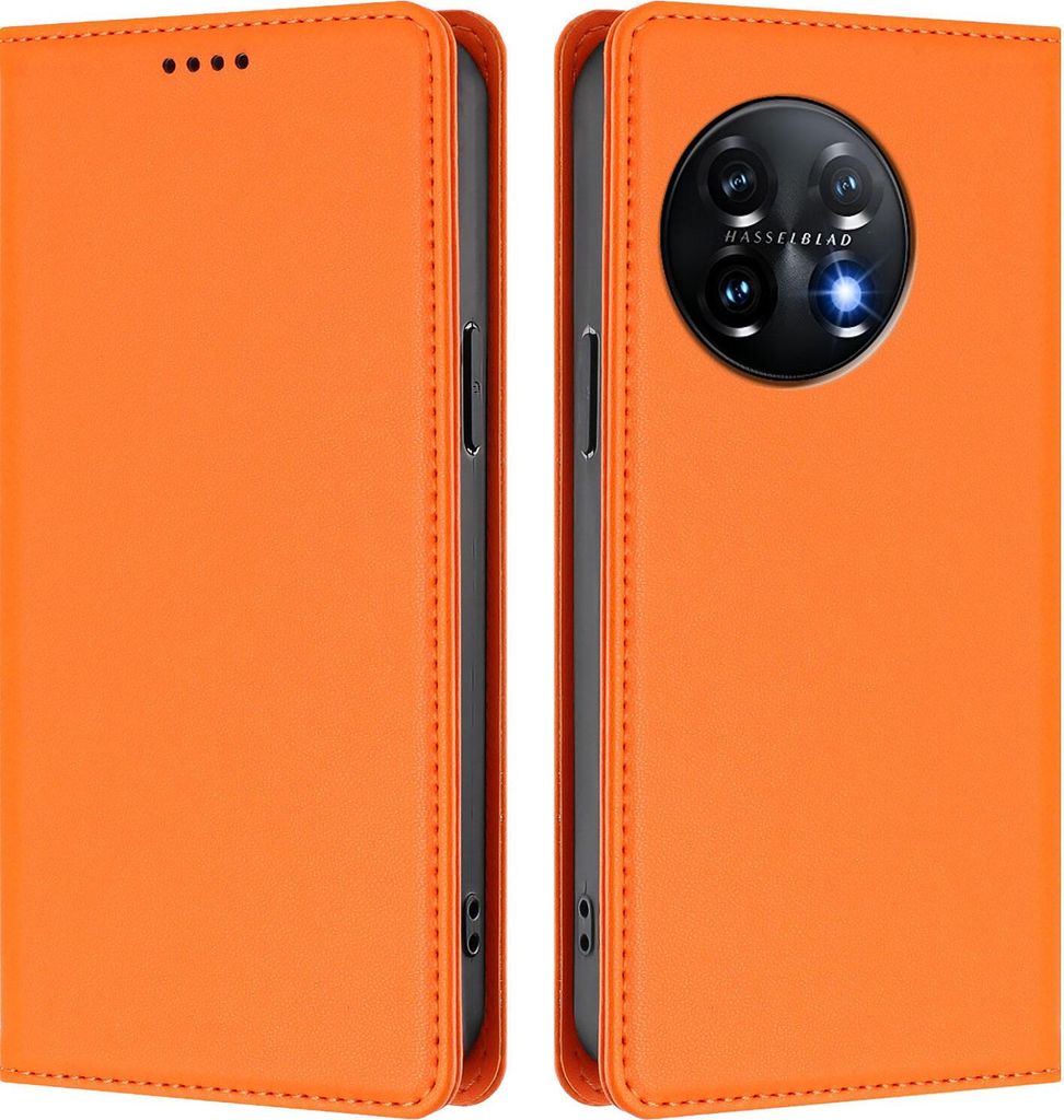 Handyhülle für OnePlus 11, Kunstleder Klapphülle Stoßfeste Magnetische Hülle mit Ständer Orange