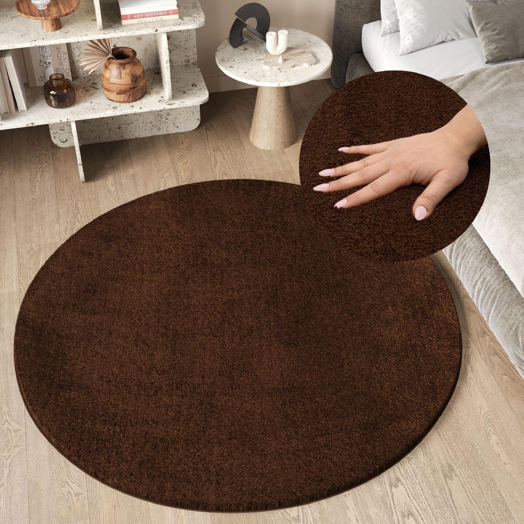Tapiso Teppich CUDDLE Rund Einfarbig Modern Braun Wohnzimmer 160 x 160 cm