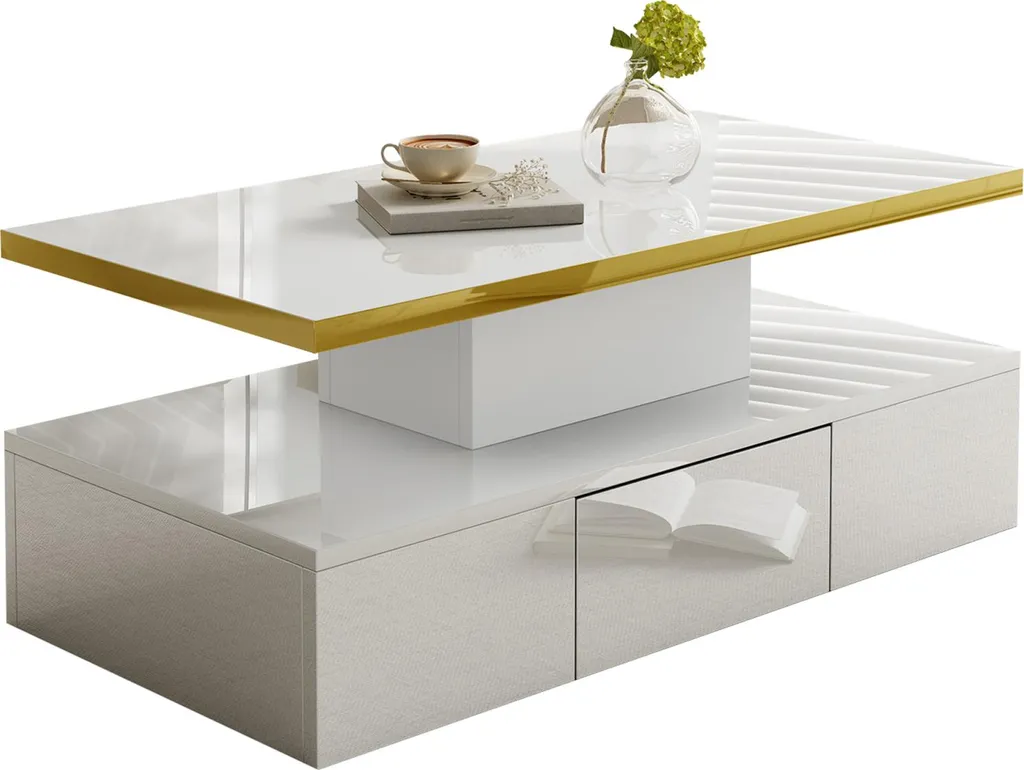 Fortuna Lai Table Basse Blanche avec Tiroirs et LED - Design Moderne