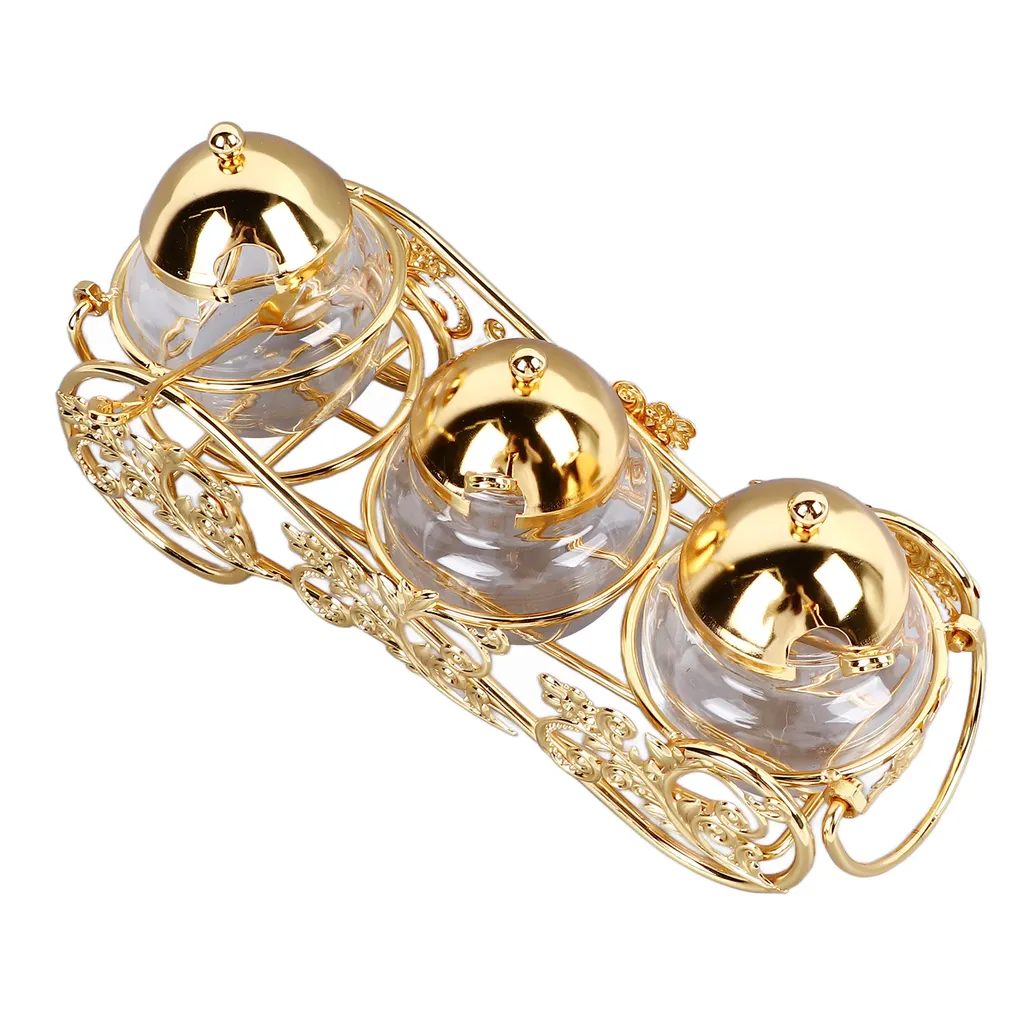 Set de 3 sucriers dorés style européen avec couvercle et cuillère