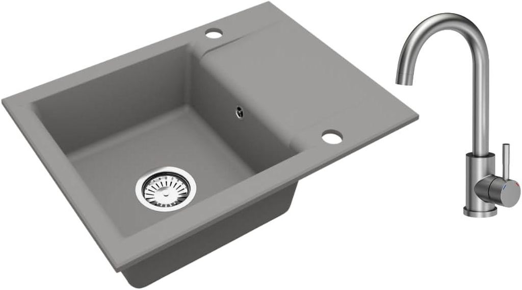 VBChome Granitspüle Grau 59 x 44 cm mit Armatur Einzelbecken Einbauspüle Reversibel Gesprenkelt Pflegeleichtes Spülbecken mit Siphon