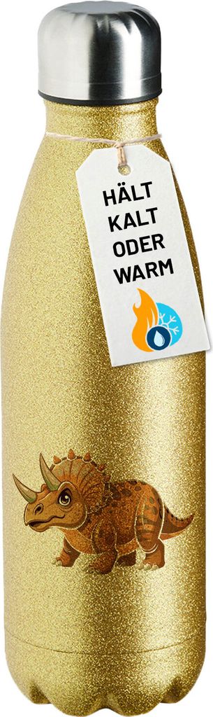 Huuraa Trinkflasche Triceratops Dinosaurier 500ml Gold Edelstahl Wasserflasche Trinkflasche Geschenkidee