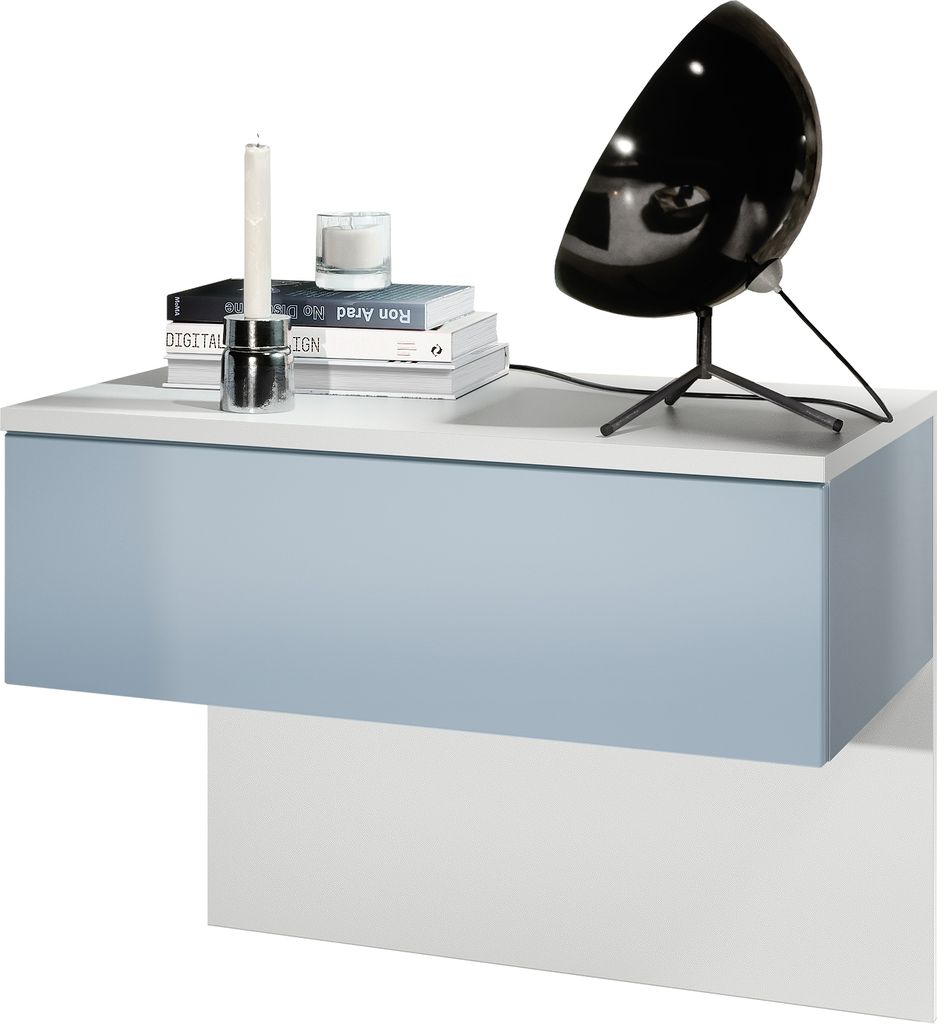 Vladon Nachttisch Sleep, Germany, Nachttischschrank mit Schublade zur Wandmontage, Weiß matt/Denim matt (60 x 46 x 35 cm)