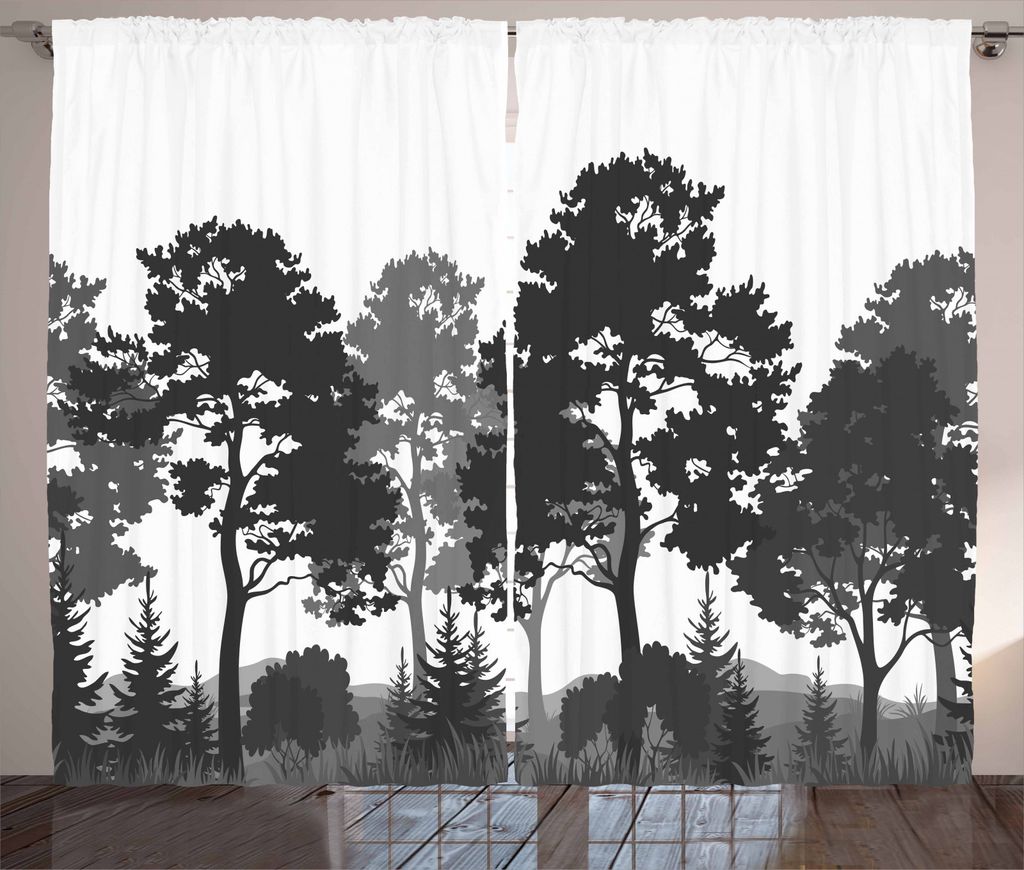 ABAKUHAUS Schwarz und weiß Rustikaler Gardine, Sommer Wald, Schlafzimmer Kräuselband Vorhang mit Schlaufen und Haken, 280 x 245 cm, Dunkelgrau We...