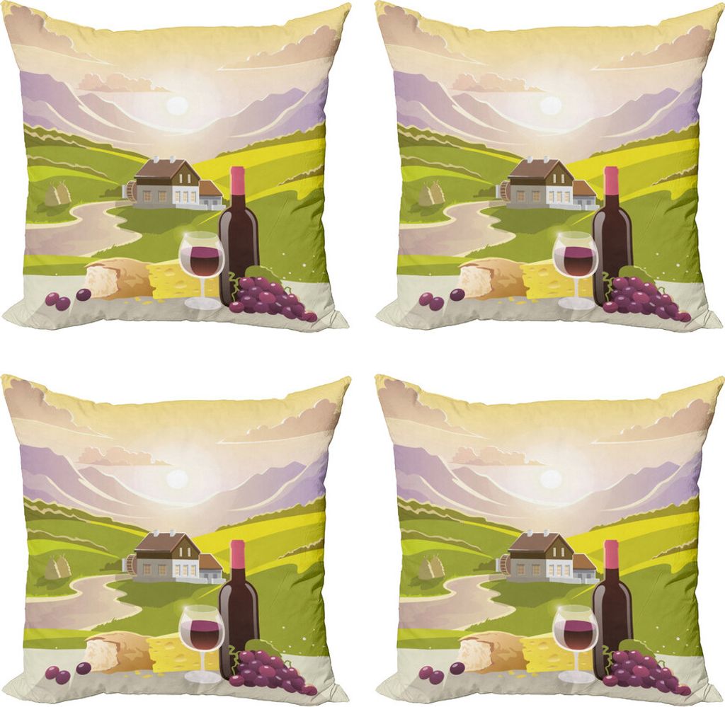 ABAKUHAUS Weingut Kissenbezug Set (4 Stück), Französisch Land Szene, Moderner Doppelseitiger Digitaldruck, 45 cm x 45 cm, Grün, Lila, Creme