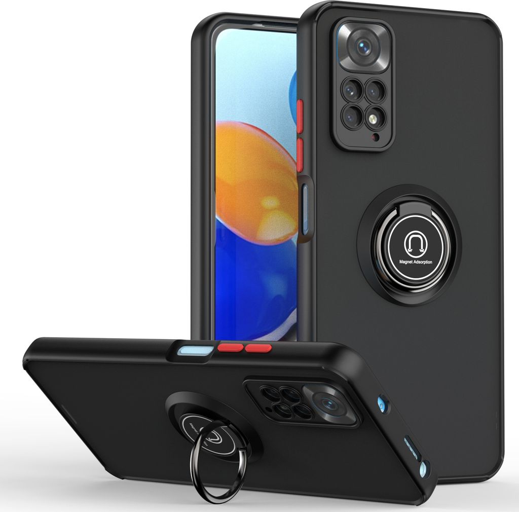 Three views of a black phone case with a ring holder, displayed against a white background.