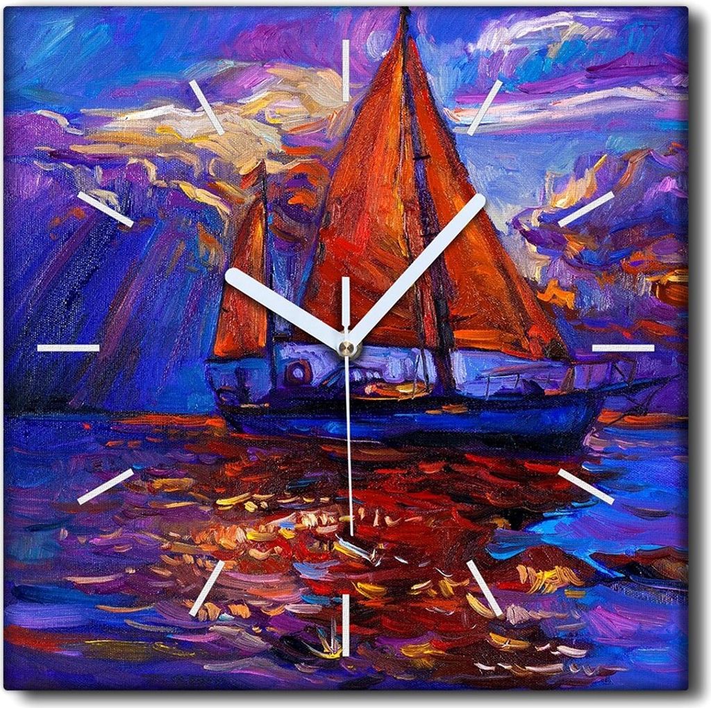 Coloray Uhr auf Leinwand 30x30 cm Wand Uhr Dekoration Wohnzimmer Segeltuch weiße Zeiger -Seelandschaftsschiff.