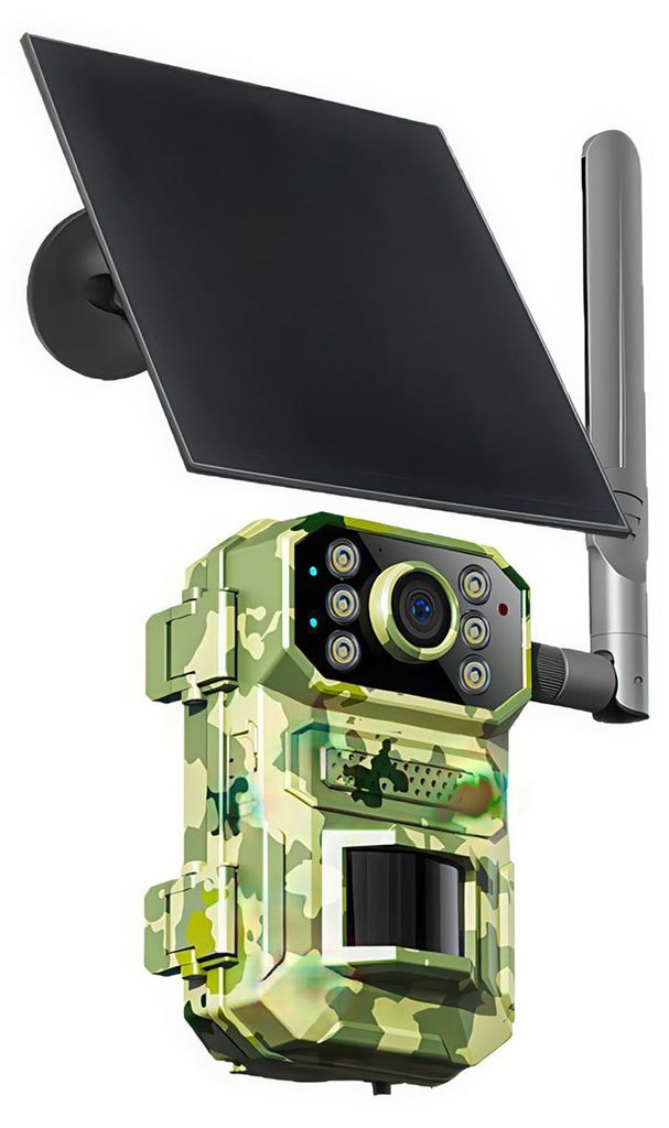4G Wildkamera Solar, 4MP Kamera, PIR Bewegungsmelder, Nachtsicht 20m, App Fernzugriff, Akku 7800mAh, für Outdoor & Jagd