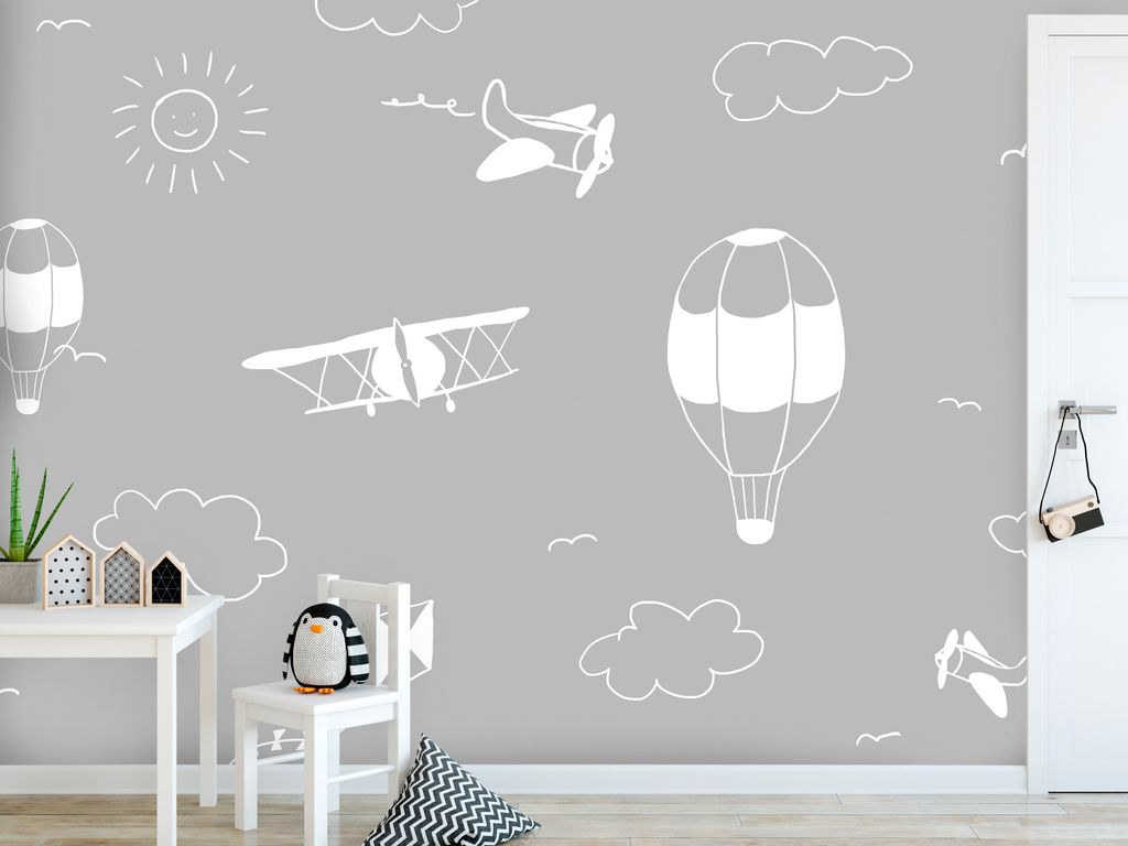 Vlies Fototapete für Kinder 400x280 cm Tapeten Wandtapete XXL Ballon Flugzeug Kinderzimmer grau wie gemalt e-A-10072-a-b