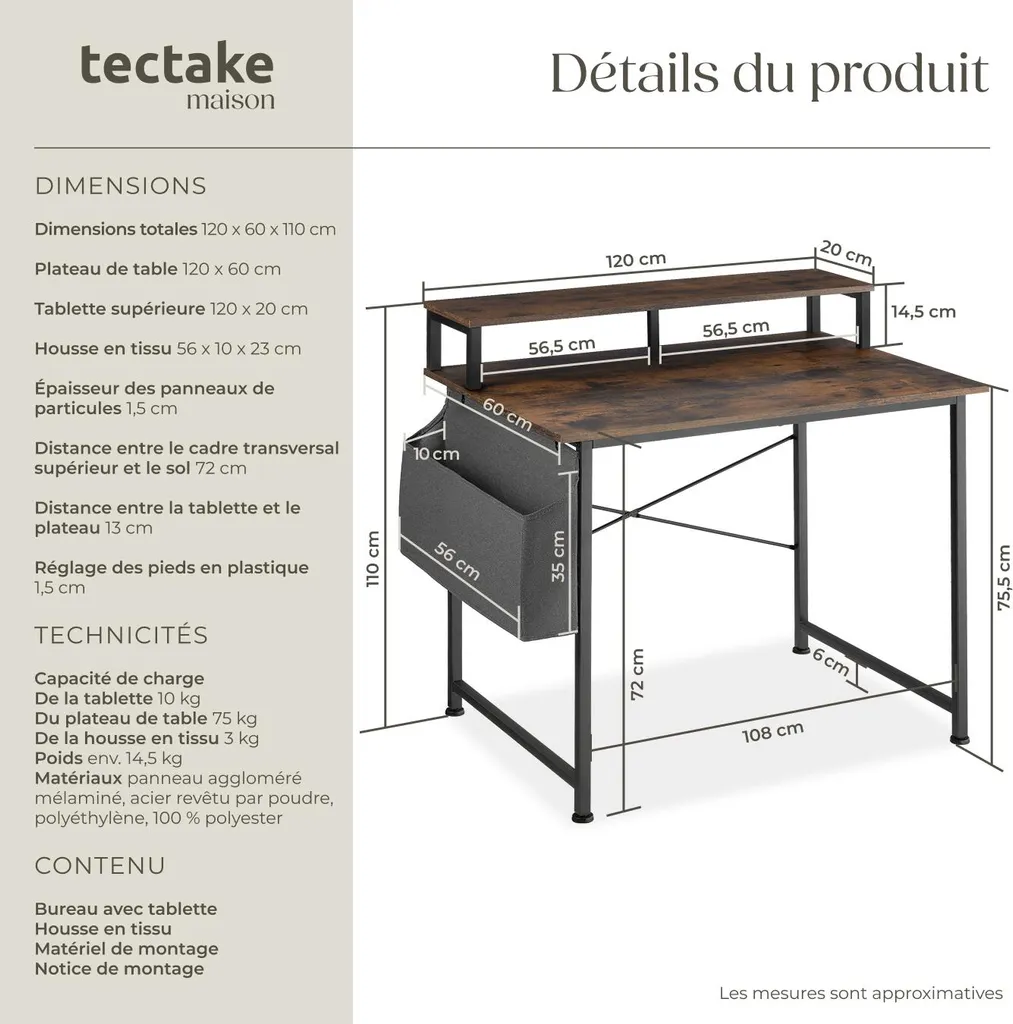 Bureau informatique avec rangement et poche latérale 120 cm bois rustique