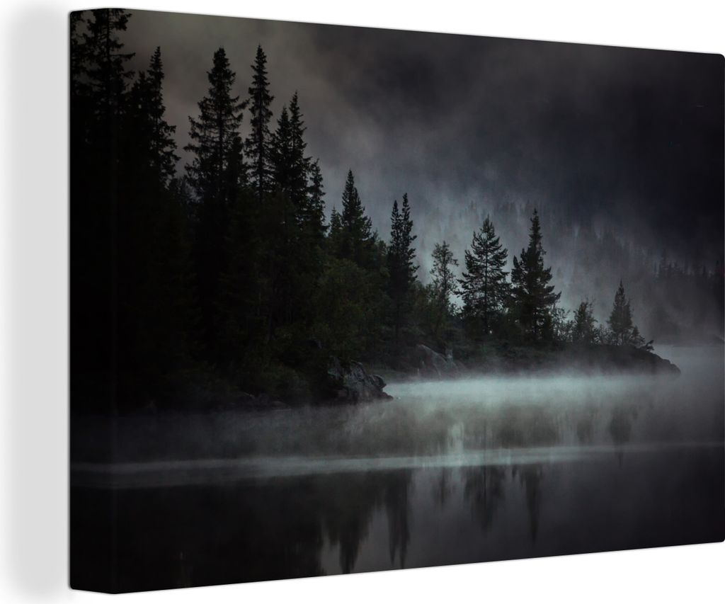 OneMillionCanvasses - Leinwandbilder - 140x90 cm, Wald - Nebel - Schwarz - Weiß, Wandbilder Kunstdruck Wanddekoration
