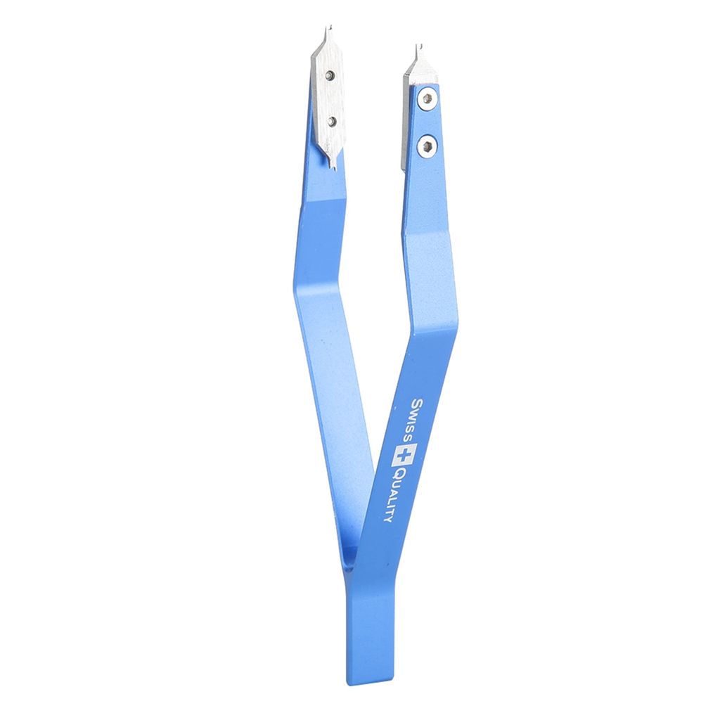 A pair of blue tweezers against a white background.