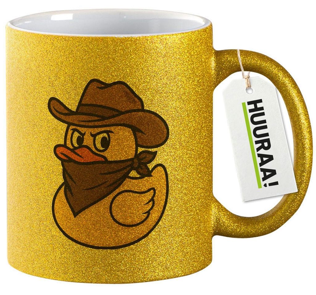 Huuraa Glitzertasse Quietscheente Bandit Gummiente Räuber 330ml Gold Keramik Kaffeebecher Geschenkidee