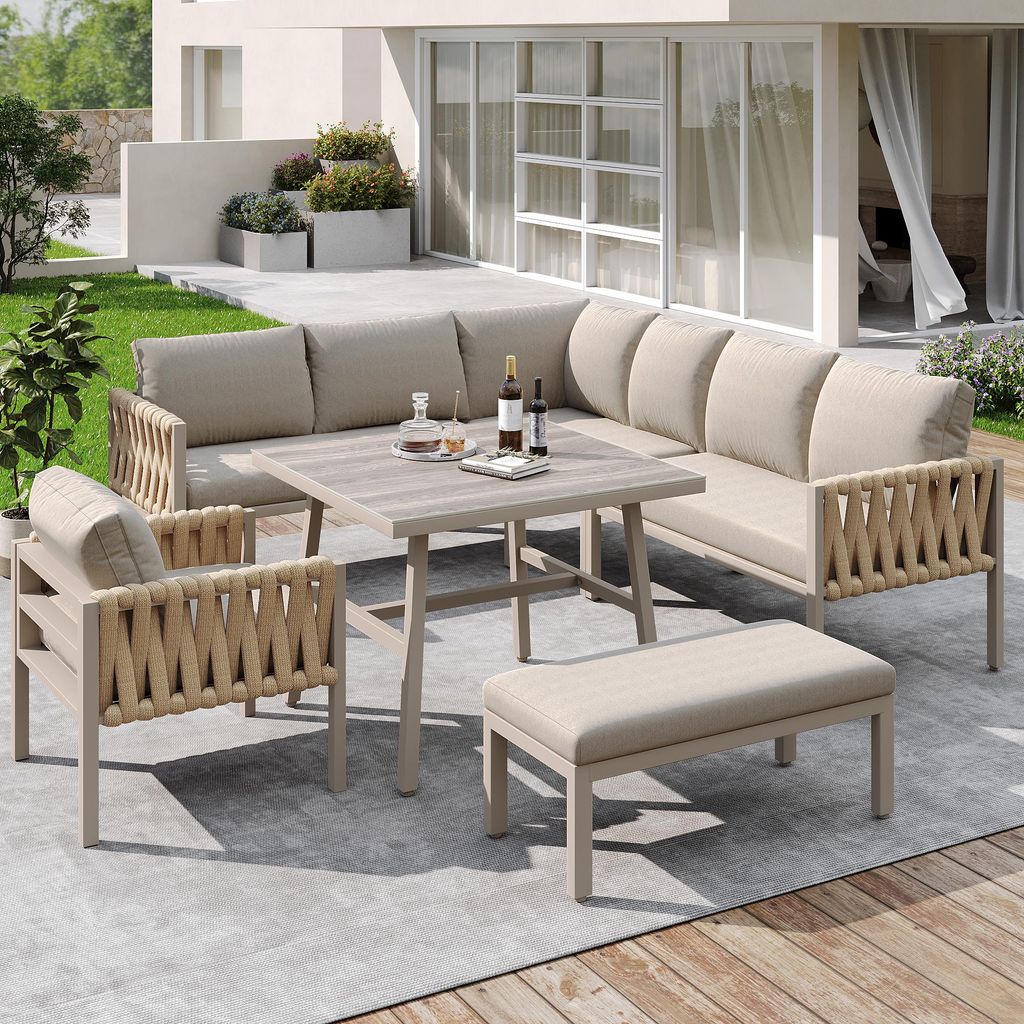 Gartenmöbel-Set Seil-Optik 5-teilig mit Ecksofa & Tisch, verzinktes Metallgestell, gehärtetes Glas, wetterfeste Lounge-Sitzgruppe für Terrasse &...