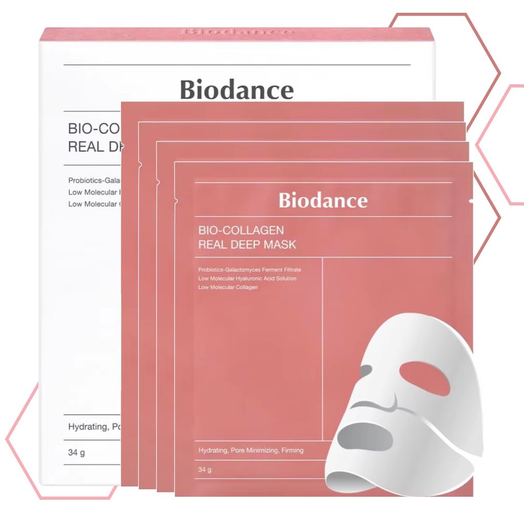 A package of Biodance Bio-Collagen Real Deep Masks with a single mask illustration.