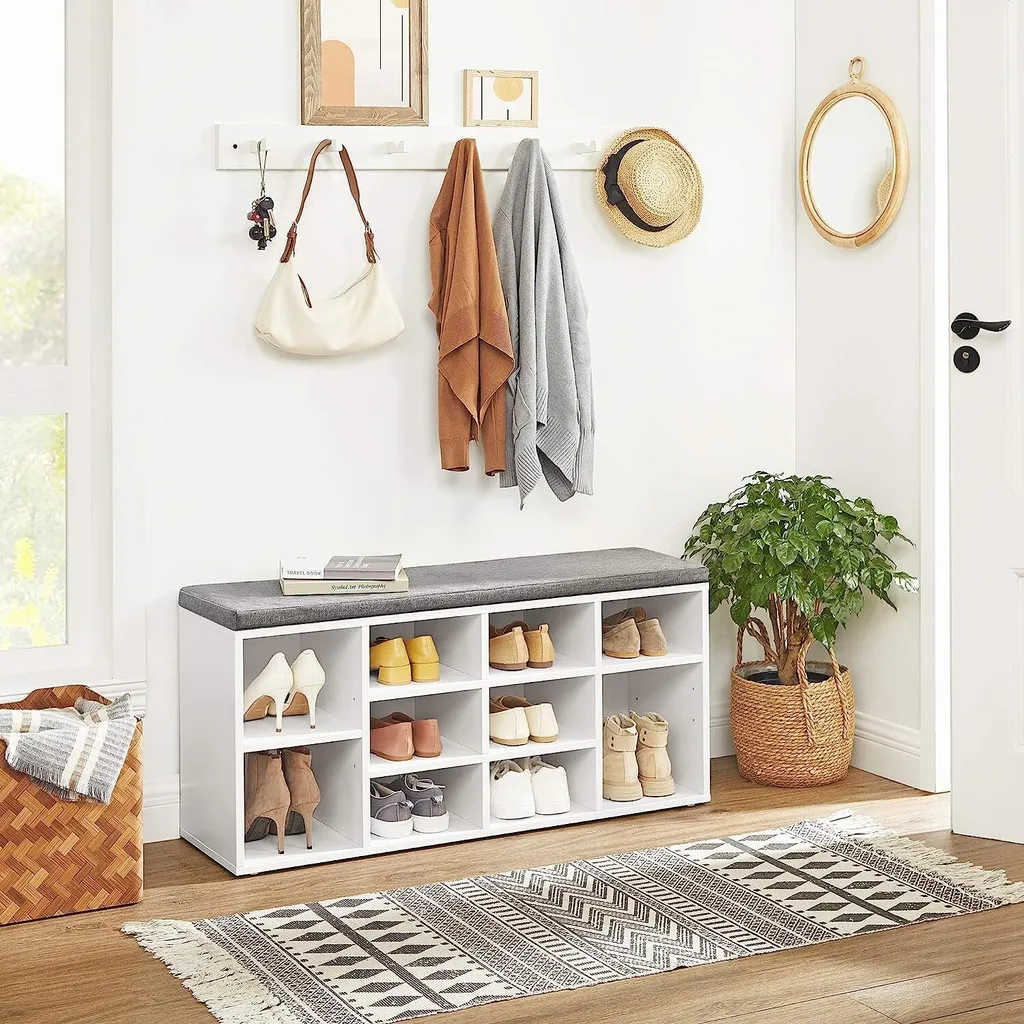 Banc de rangement chaussures 10 compartiments blanc et gris Leobert