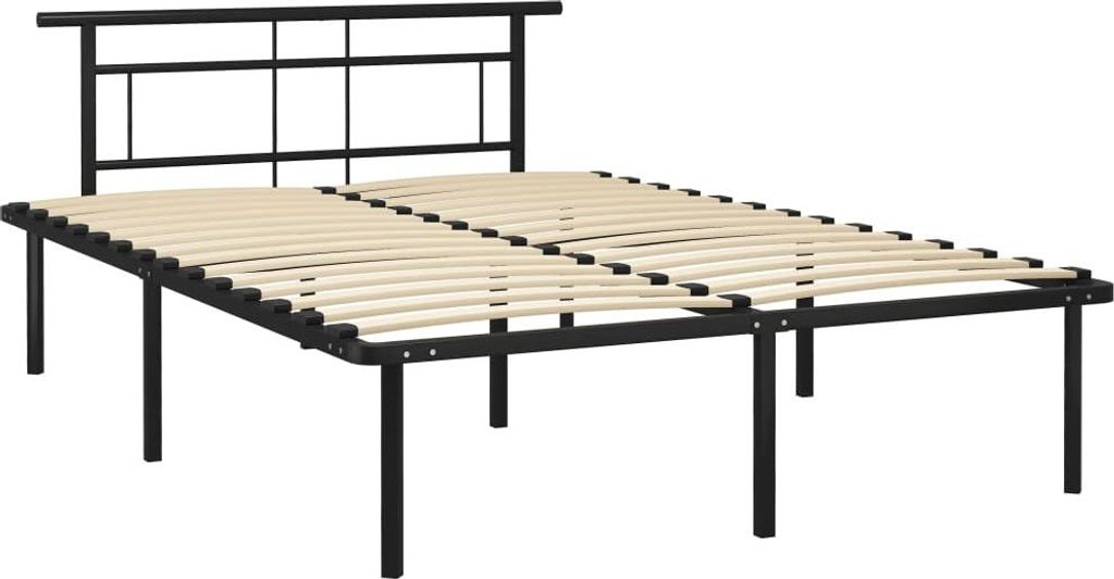 A black metal bed frame with wooden slats, shown from a diagonal angle against a white background.