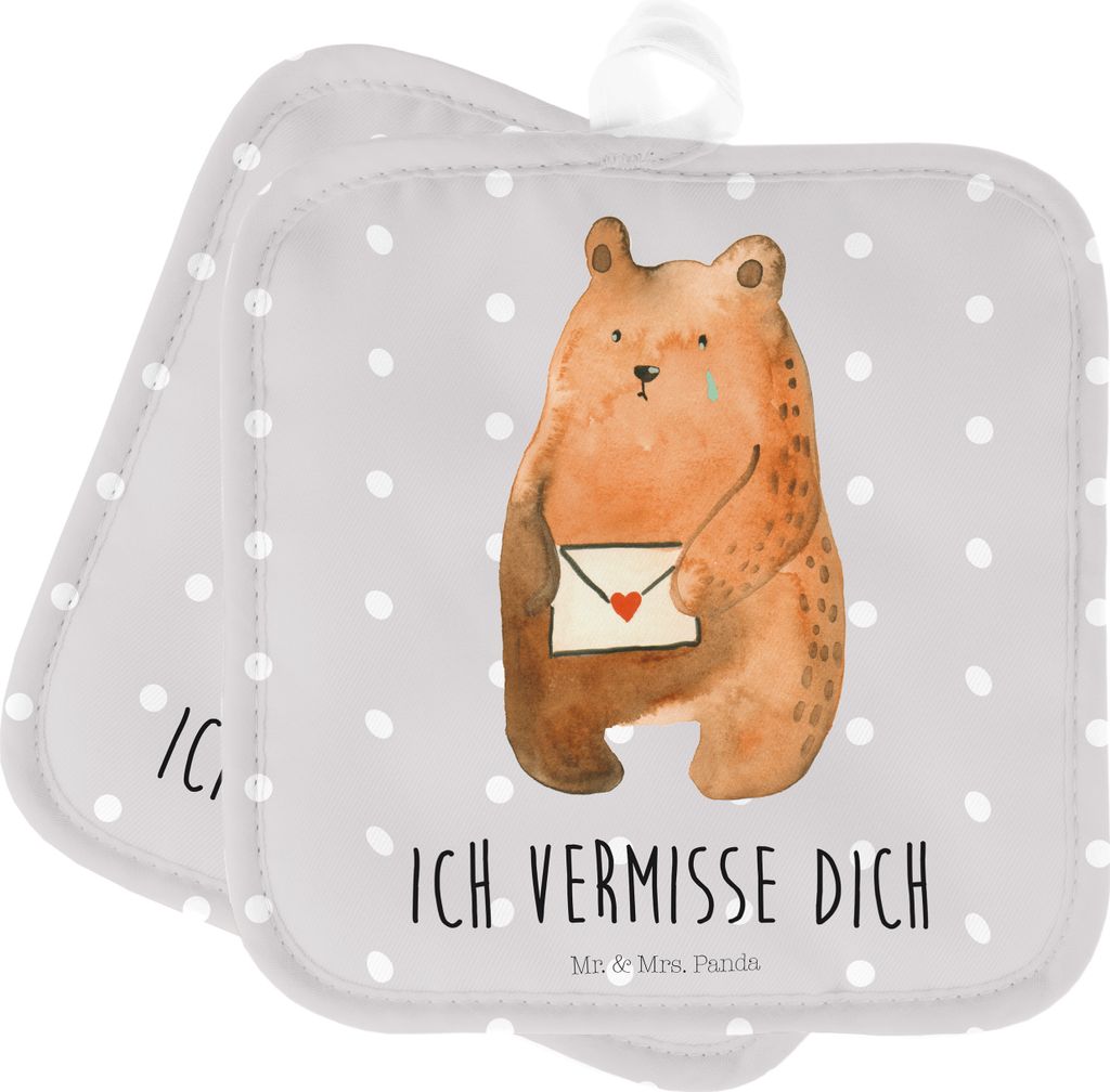 Mr. & Mrs. Panda Topfuntersetzer Bär Liebesbrief - Grau Pastell - Geschenk, Freundin, topfhalter, Topflappen Set, Vermissen, Sehnsucht, 2er, Liebe...