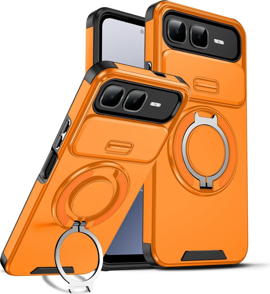 Handyhülle für Infinix Smart 10 Plus Dual-Layer Stoßfest Militär Hülle mit Dia Kameraschutz und Magnetisch Ring Ständer Orange