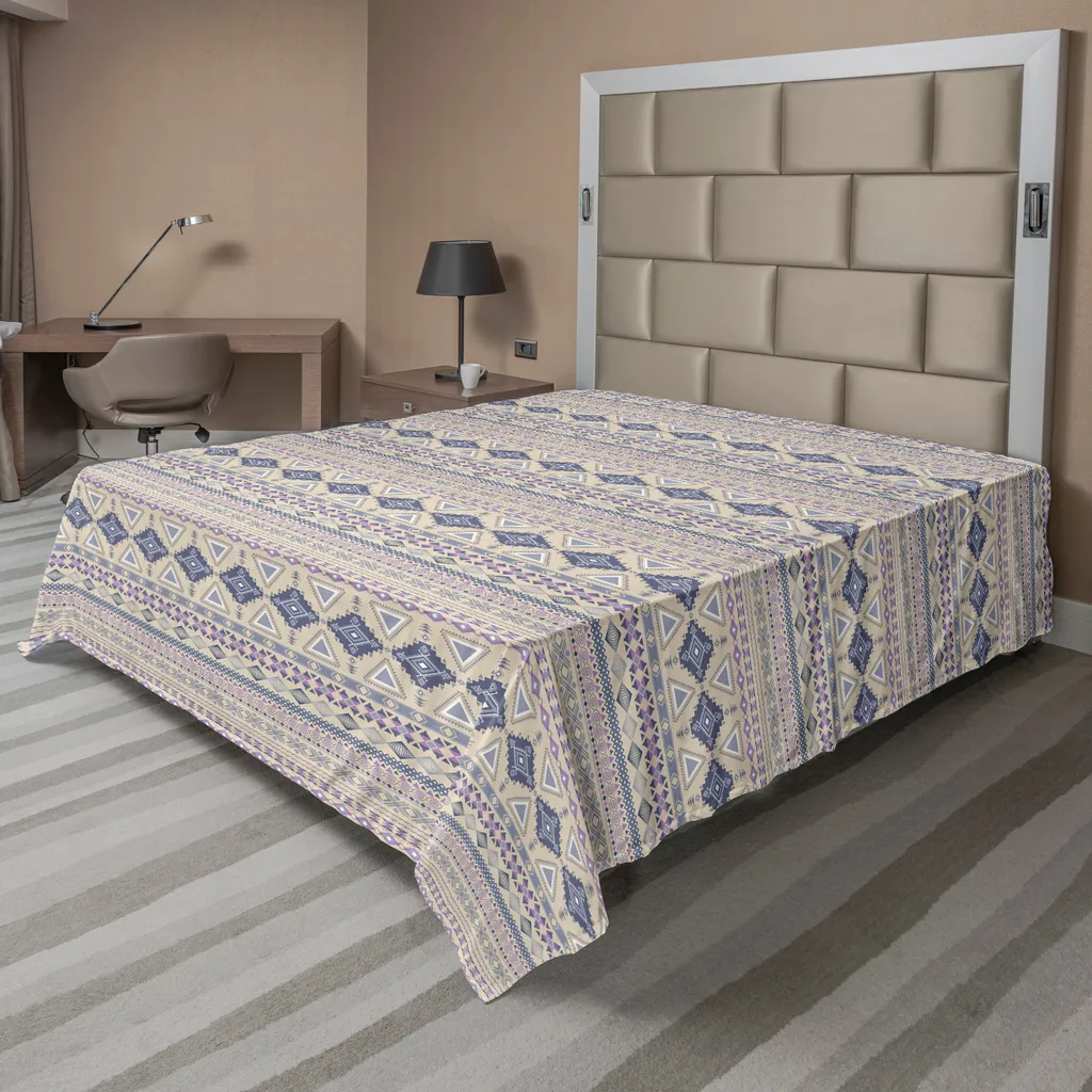 Drap plat anti-plis ethnique bleu 244x205 cm confort longue durée