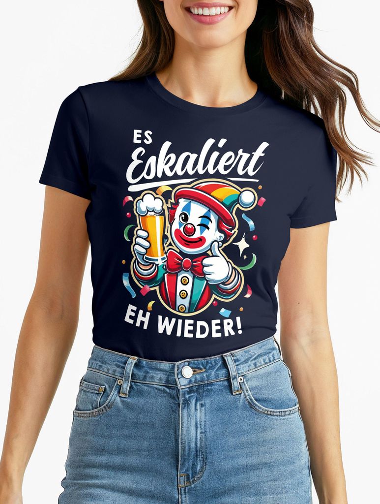 Damen T-Shirt Spruch Es eskaliert eh Frosch Einhorn Clown Fasching Karneval Frauen Fun-Shirt lustig Moonworks