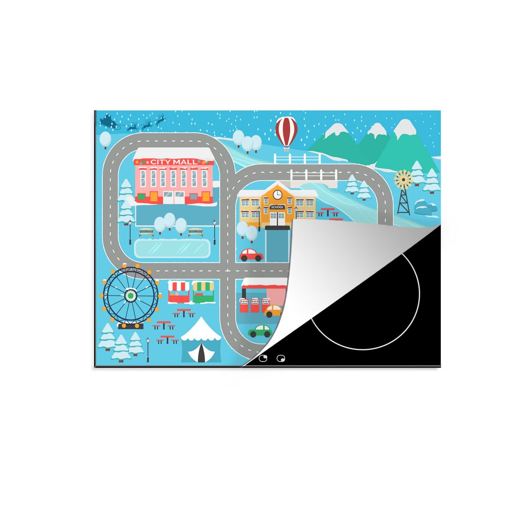 KitchenYeah Herdabdeckplatte Schnee - Schule - Dorf - Blau , 71x52cm, Küche Deko, Glaskeramikkochfeld Herdabdeckung, Abdeckplatte fùr Kochfeld