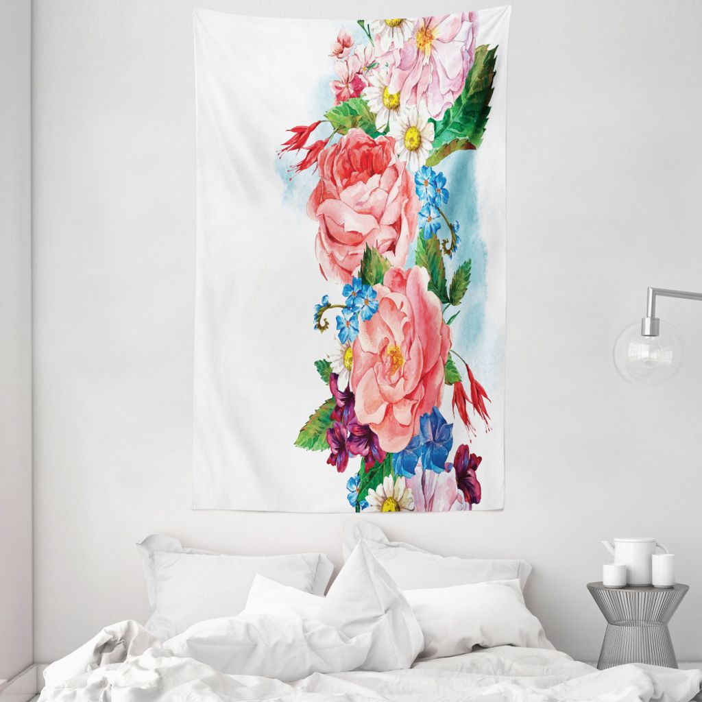 ABAKUHAUS Blume Wandteppich und Tagesdecke, Rosen Gänseblümchen Garten aus Weiches Mikrofaser Stoff Waschbar ohne Verblassen Digitaldruck, 140 x ...