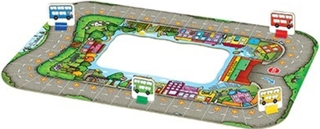 A board game with a bus route theme, featuring colorful buildings and four different colored buses.