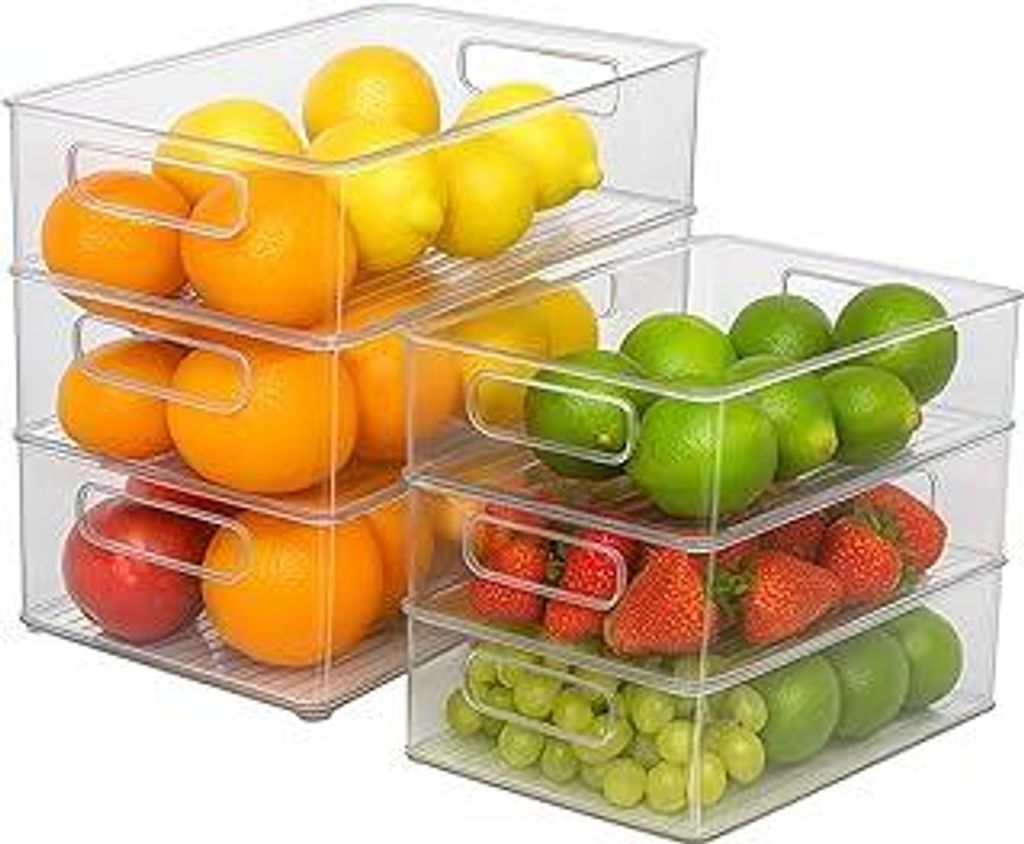 Kühlschrank Organizer 6-teilig (2 Größen), stapelbare Aufbewahrungsboxen mit Griff, transparente Vorratsbehälter für Küche, Schrank, Speiseka...