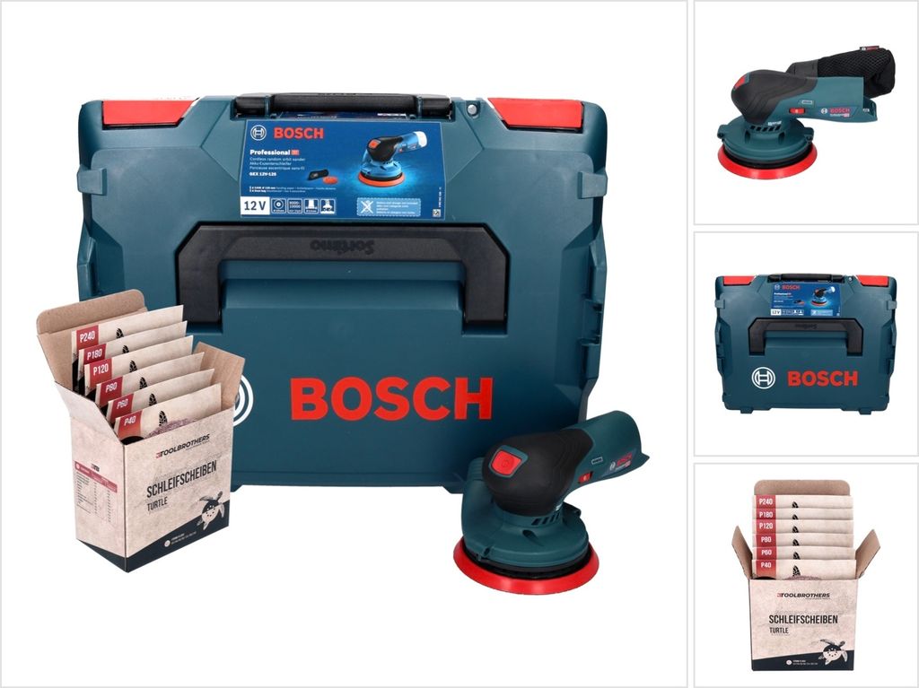 Bosch GEX 12V-125 Professional Akku Exzenterschleifer 12 V 125 mm Brushless + L-Boxx ( 0601372100 ) + Toolbrothers TURTLE Schleifset - ohne Akku, o...