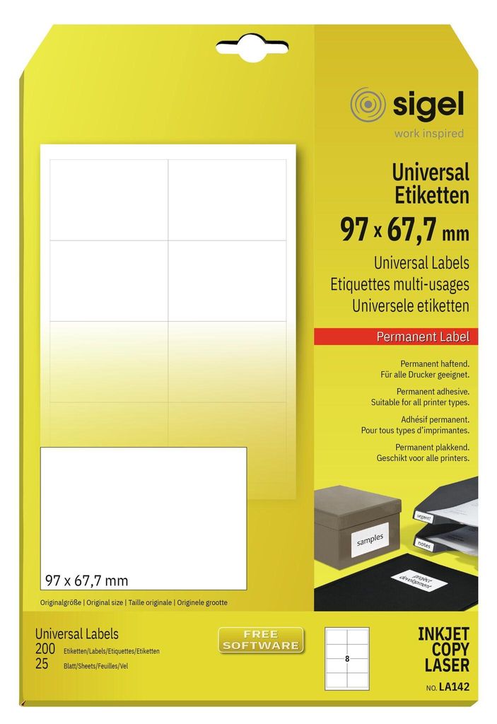SIGEL LA142 Universal-Etiketten, 97 x 67,7 mm, weiß, 200 Etiketten