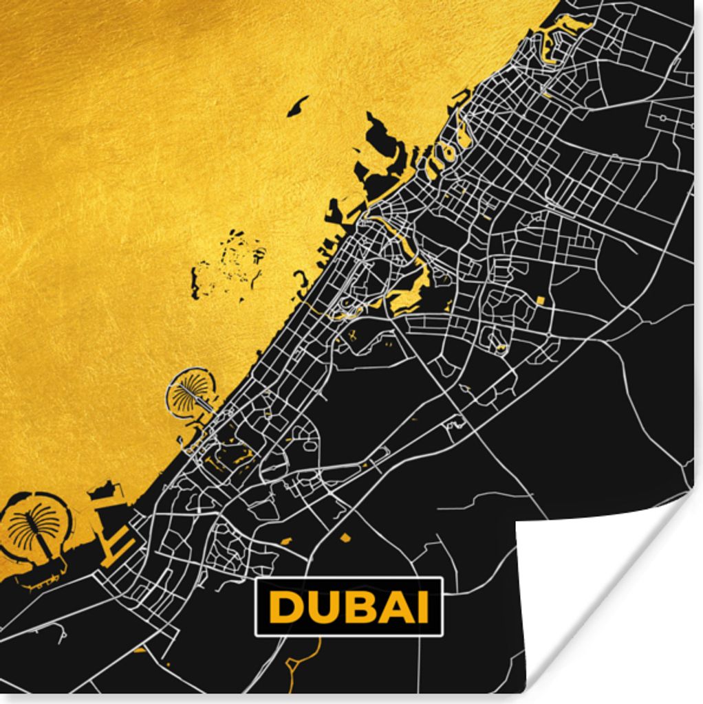 MuchoWow Poster Dubai - Gold - Stadtplan - Karte 100x100 cm - Babyzimmer