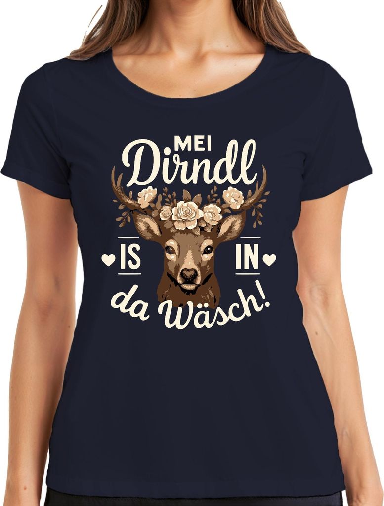 Mei Dirndl is in da Wäsch Wiesn Tracht Hirsch Bayeris Damen T-Shirt, Navy, S