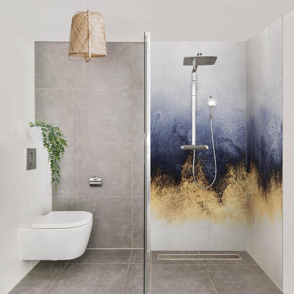 Duschrückwand originell selbstklebend - 0.61 mm Wandpaneel wasserfest Design gold Aquarell Abstrakt Badrückwand fugenlos Premium matt 80x210 cm