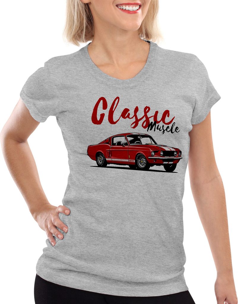 style3 Classic Muscle Car Damen T-Shirt eleanor mustang usa v8 gt500, Farbe:Grau meliert, Größe:XS