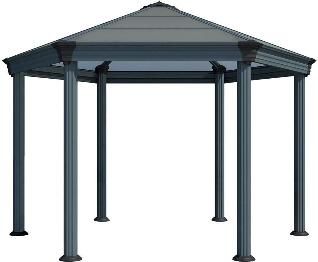 A gray hexagonal gazebo with a transparent roof, shown from a front-facing angle on a white background.
