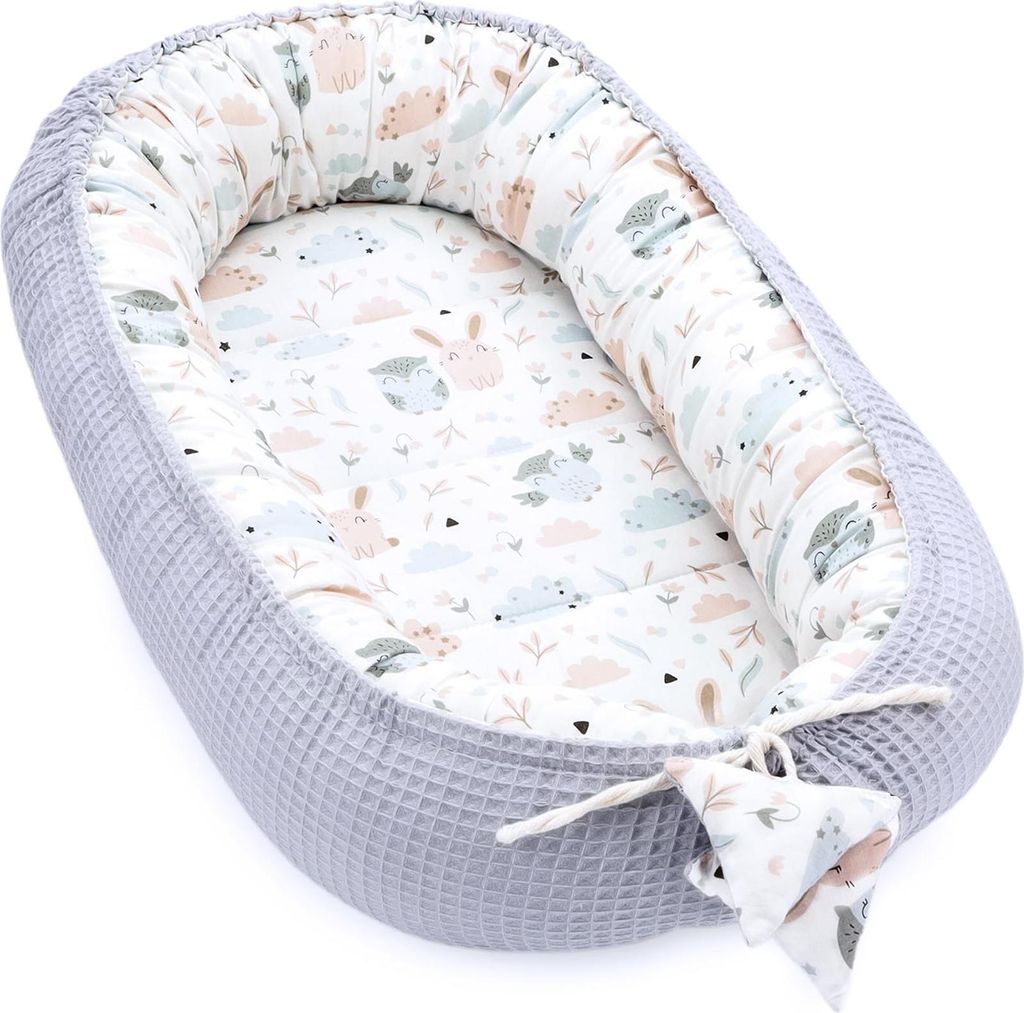 Babynest Neugeborene Nestchen Baby 90x50 cm - Kokon Handmade zweiseitig aus Baumwolle Waffel mit Babynestchen 1. Eulen Grau 1. Eulen Grau 90 x 50 cm