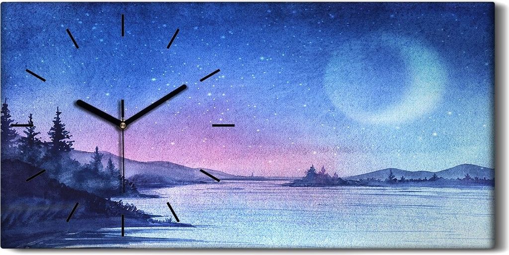 Dekor Leinwand Uhr Wandbilder 60x30 Gemälde Fluss Bäume Himmel Nacht Sterne Mond - schwarze Hände