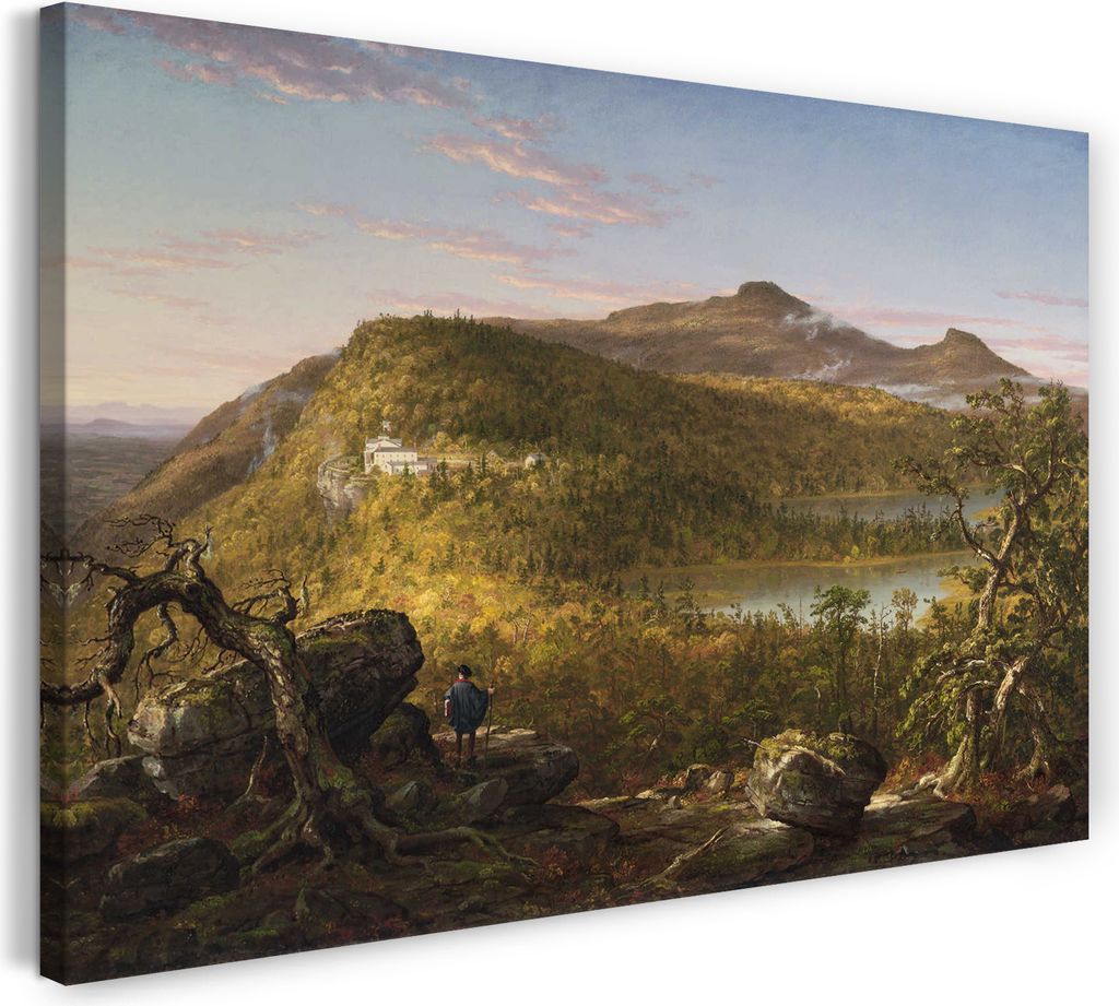 Leinwandbild (120x80cm): Thomas Cole - Blick auf die zwei Seen und Berghütte, echter Holz-Keilrahmen inkl. Aufhänger, handgefertigt in Deutschland